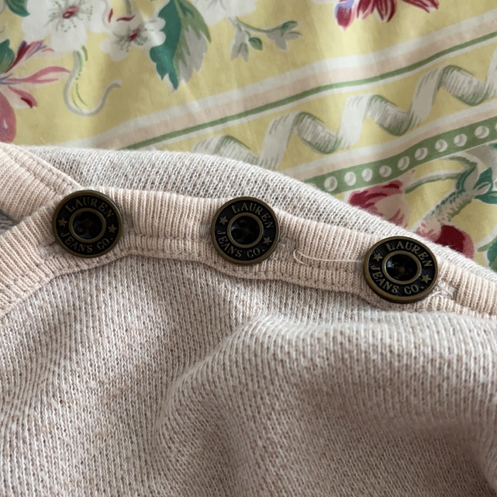 Ralph Lauren Beige French Terry Sweatshirt LRL Shoulder Buttons Drawstring Hem - Picture 7 of 13